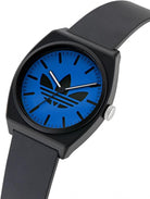 adidas Project Two Unisex Armbanduhr, Quarz Analog, Kunststoff, 38 mm, Kunststoffarmband, Schwarz, 5 bar, Zifferblattfarbe: Blau, AOST25547