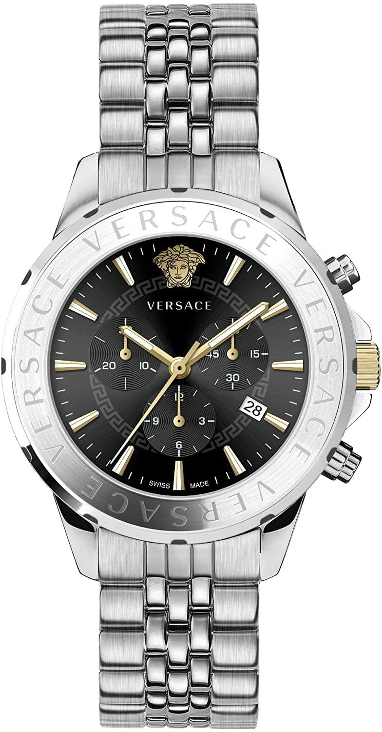 Versace Chronograph Signature Herrenuhr Silber Stahl Schwarz Zifferblatt 44mm VVEV6015 23