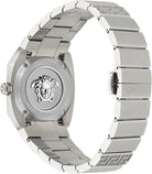 Versace Antares Damenuhr, Swiss Made Luxus-Designer-Uhr mit blauem, mattem Zifferblatt, 37 mm Edelstahlgehäuse, silbernes Armband, Faltschließe, 5 ATM