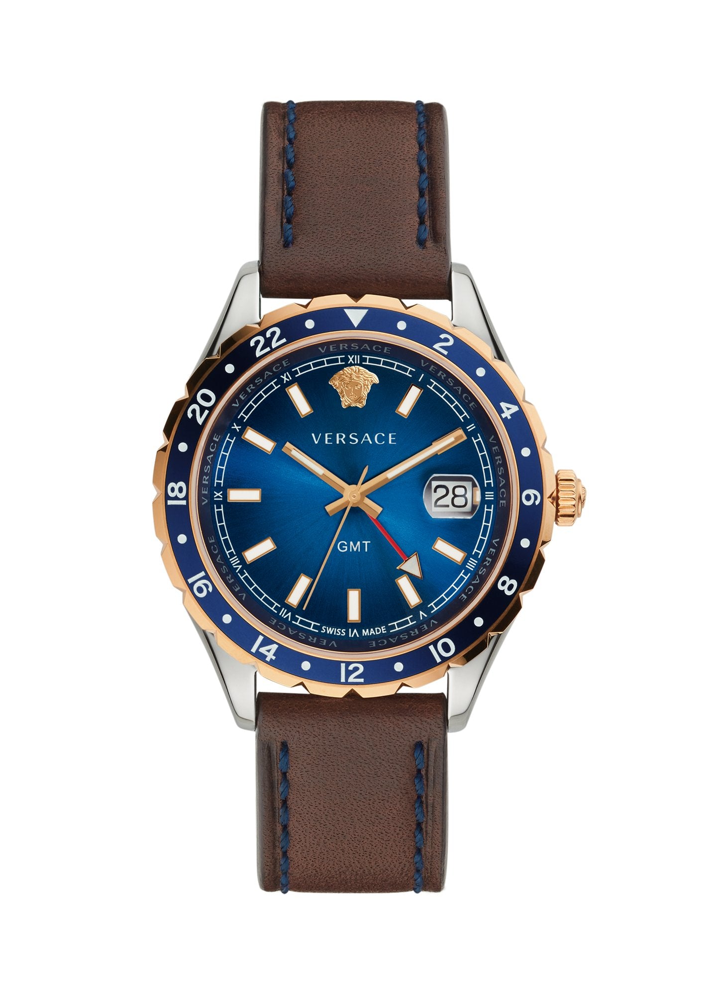 Versace Hellenyium GMT Herrenuhr Braun Leder Gold Silber Edelstahlgehäuse Blaues Zifferblatt 42mm V11080017
