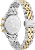 Versace Classic Round Chrono Collection Luxuriöse Damenuhr mit zweifarbigem Armband und silberfarbenem Zifferblatt