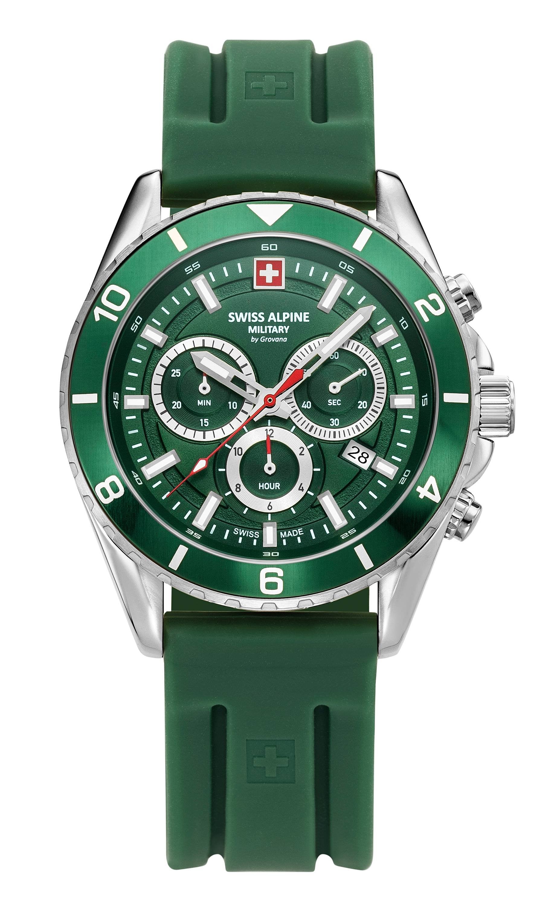 Swiss Alpine Military Herrenuhr Sierra, Chronograph, Edelstahl, Grün-Silber, Artikelnummer 7034.9834