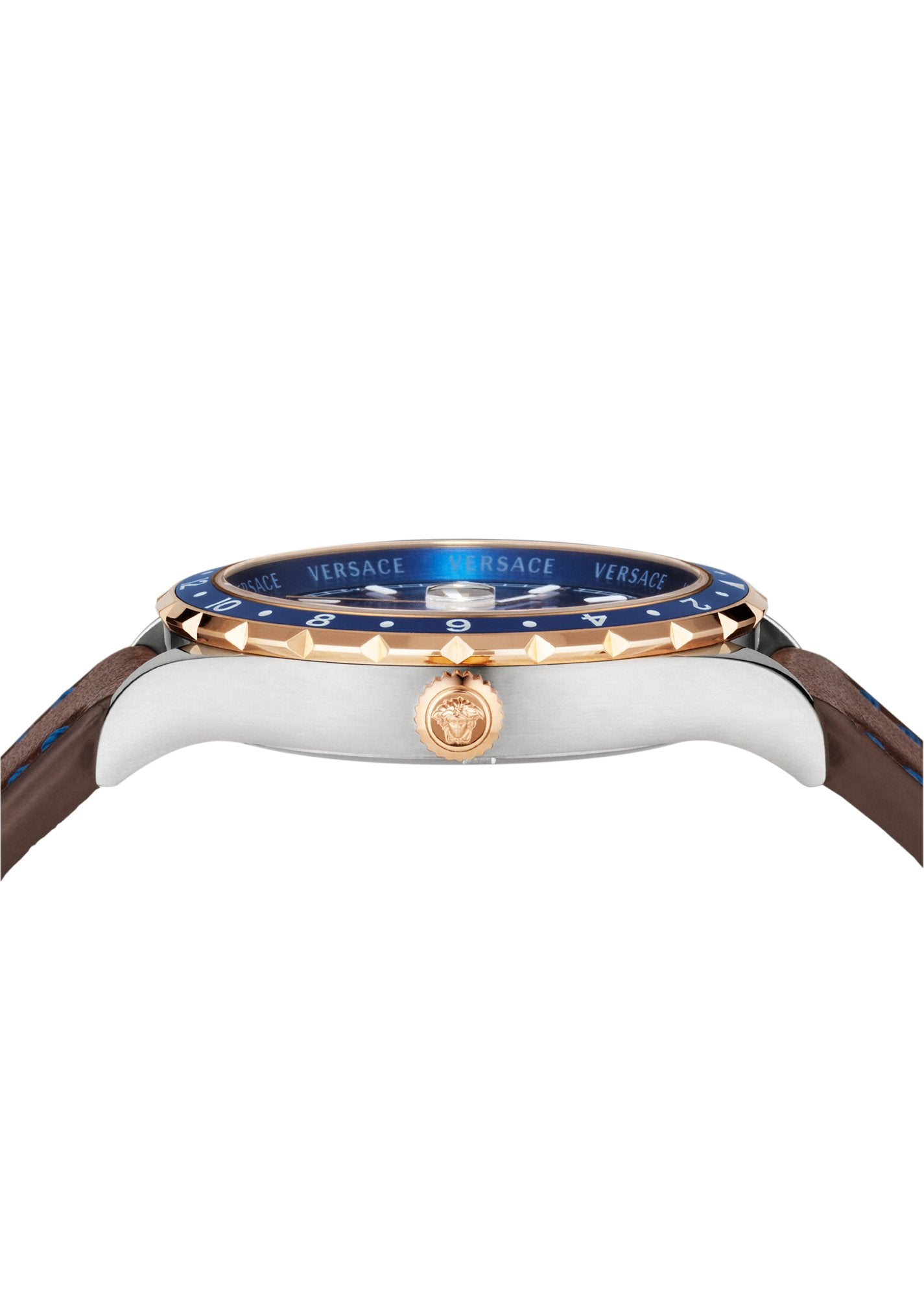 Versace Hellenyium GMT Herrenuhr Braun Leder Gold Silber Edelstahlgehäuse Blaues Zifferblatt 42mm V11080017