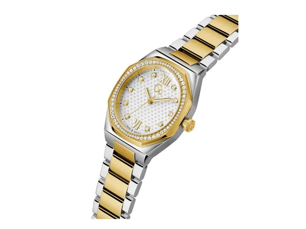 Guess Collection Damen Armbanduhr Coussin Sleek Mid Size Metall Silber Gelbgold Z25002L1MF