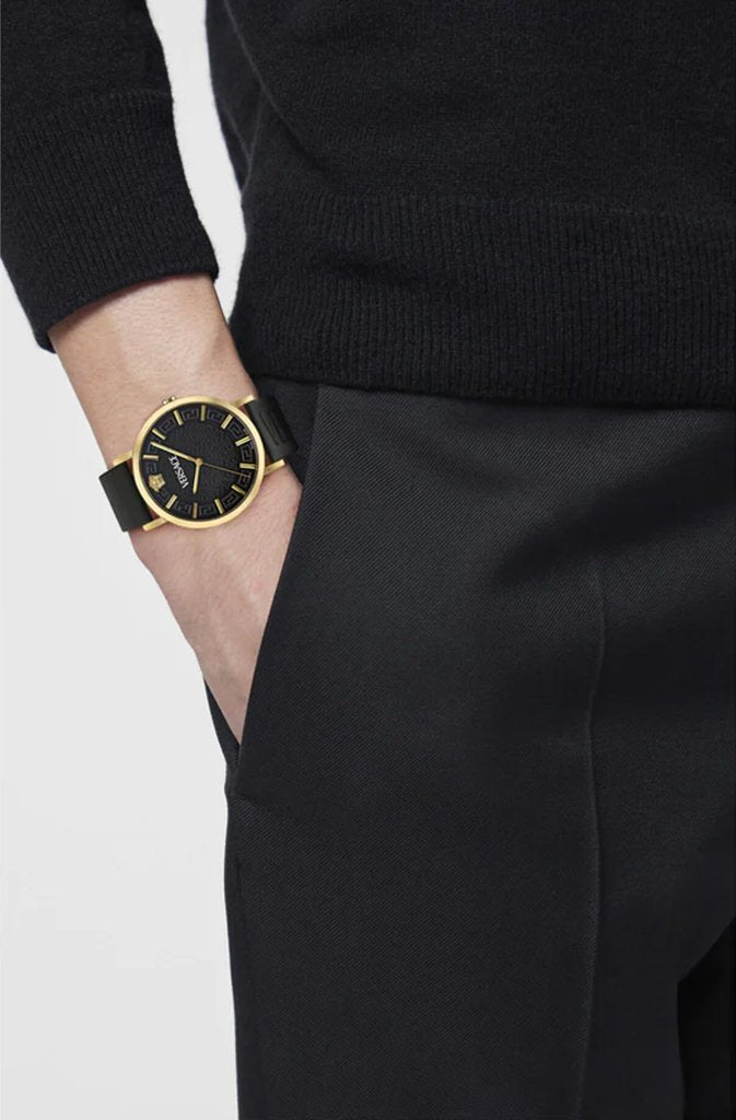 Versace Herren Uhr Greca Slim Gold Schwarz Leder VE8Q00224