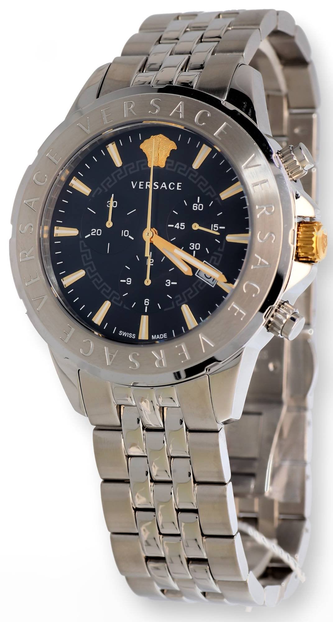Versace Chronograph Signature Herrenuhr Silber Stahl Schwarz Zifferblatt 44mm VVEV6015 23
