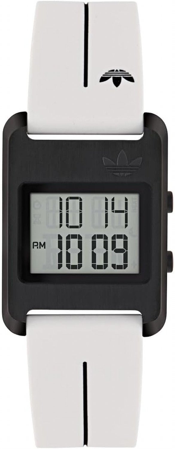 adidas Retro POP Three Unisex Digital Armbanduhr, Quarz, Edelstahl, 31 mm, Silikonarmband, Weiß, 3 bar, Digital LED-Display, AOST25536