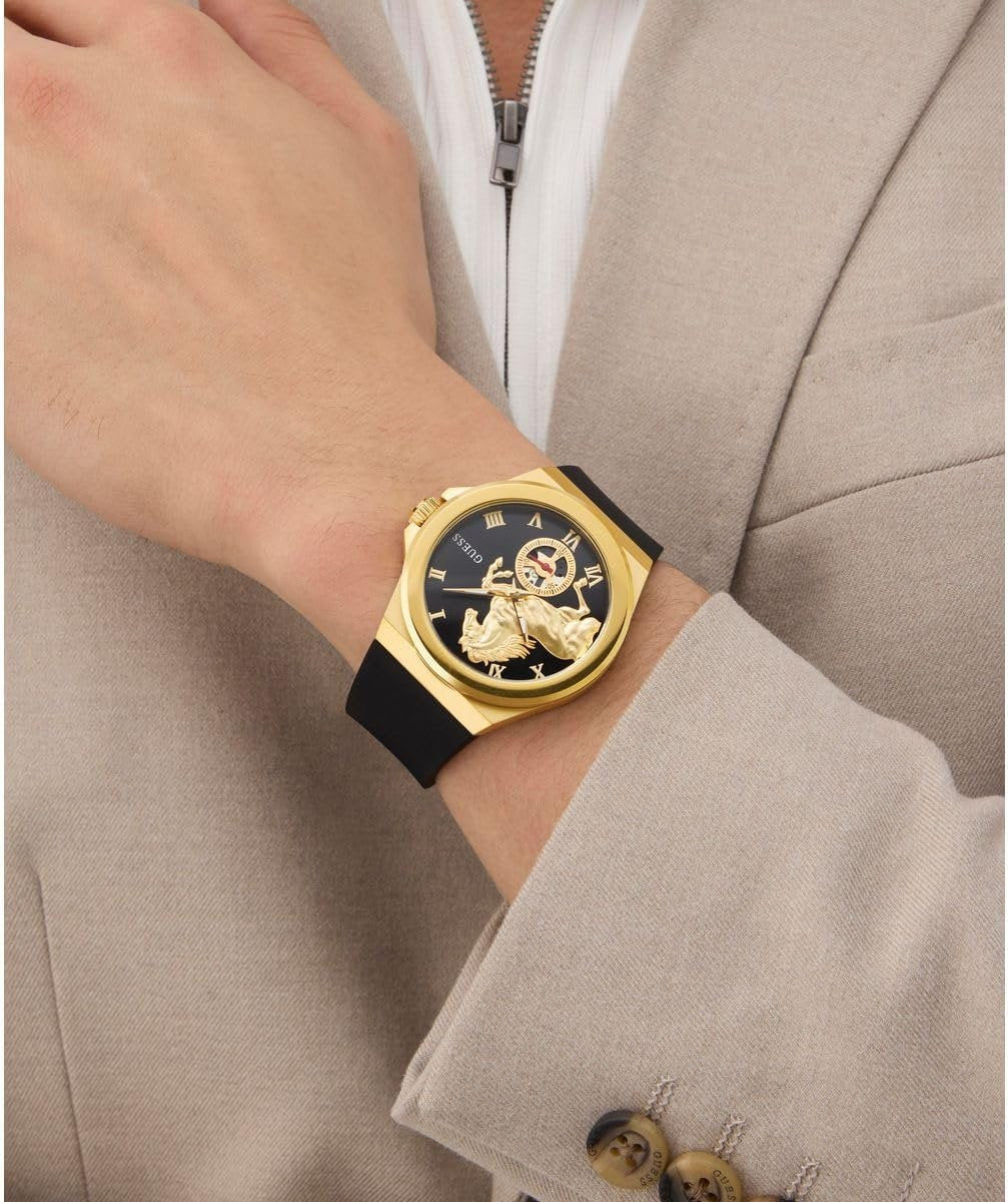 Guess Analoguhr Herren Vinyl 44mm 3ATM / Limited Edition Lunar New Year Black Gold Tone Analog Watch Schwarz Gold GW0979G1