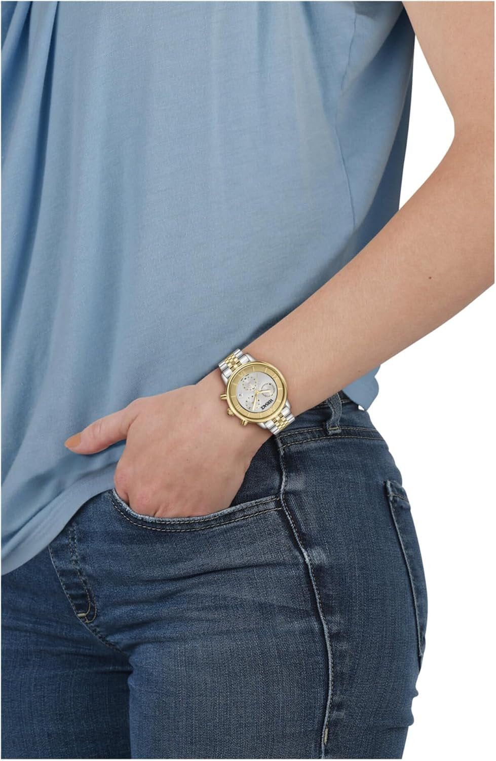 Versace Classic Round Chrono Collection Luxuriöse Damenuhr mit zweifarbigem Armband und silberfarbenem Zifferblatt