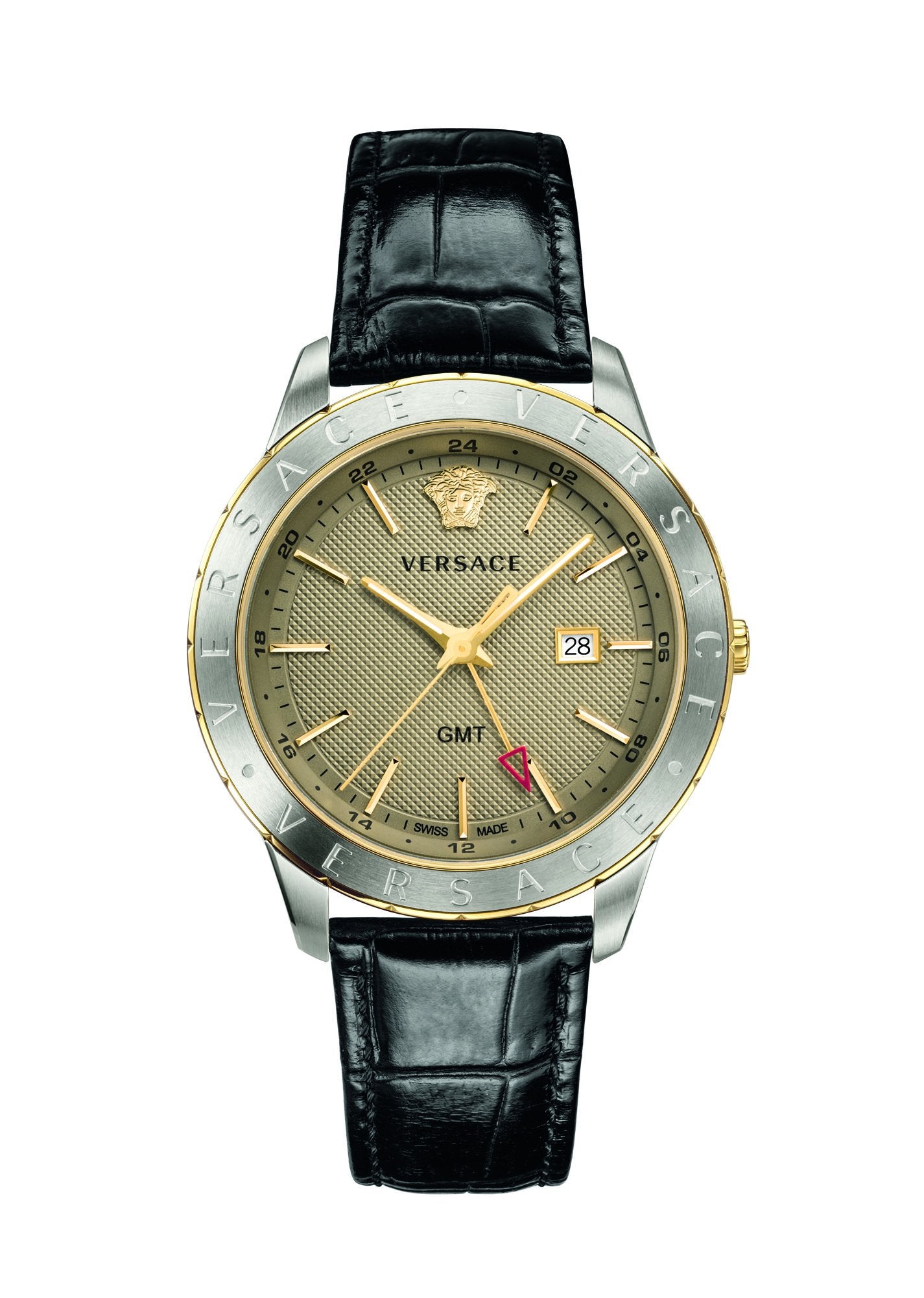 Versace Univers Herrenuhr Schwarzes Leder Gold Silber Stahl GMT 43mm VEBK00218