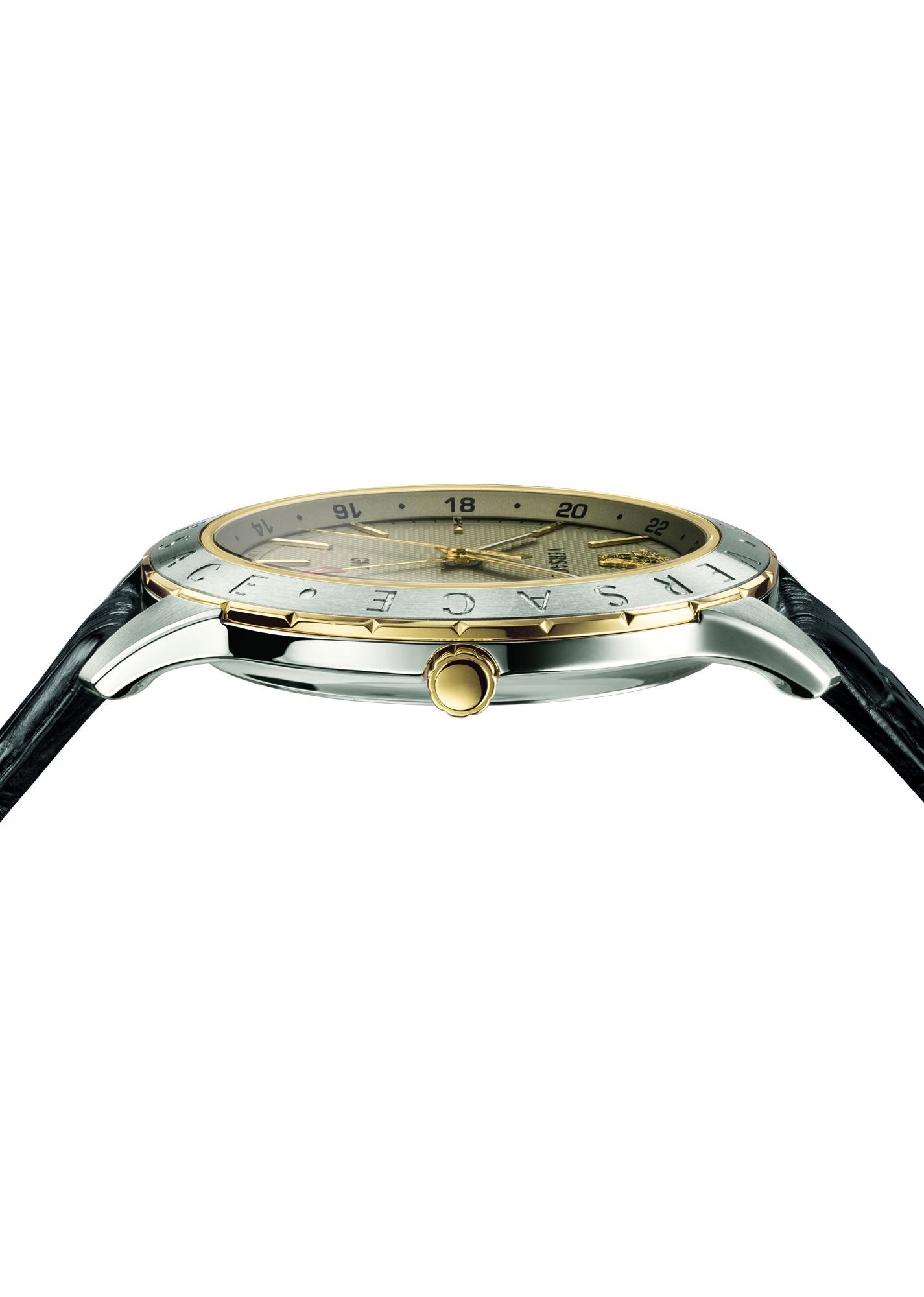 Versace Univers Herrenuhr Schwarzes Leder Gold Silber Stahl GMT 43mm VEBK00218