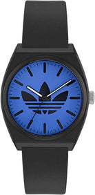 adidas Project Two Unisex Armbanduhr, Quarz Analog, Kunststoff, 38 mm, Kunststoffarmband, Schwarz, 5 bar, Zifferblattfarbe: Blau, AOST25547