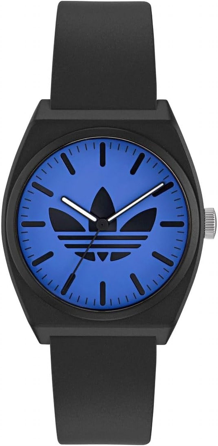 adidas Project Two Unisex Armbanduhr, Quarz Analog, Kunststoff, 38 mm, Kunststoffarmband, Schwarz, 5 bar, Zifferblattfarbe: Blau, AOST25547