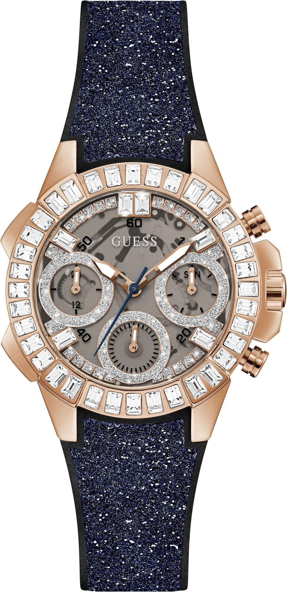 Guess Damen Armbanduhr Bombshell Silikon Armband Multifunktion, Roségold/Schwarz GW0313L3