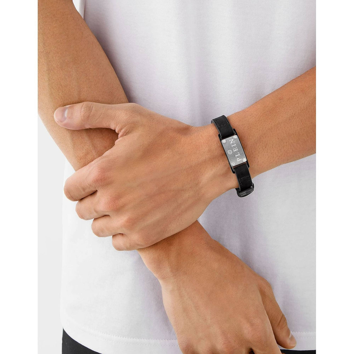 Philipp Plein Armband Herren $Kull Bones Schwarz Edelstahl Leder PJWEA07BU