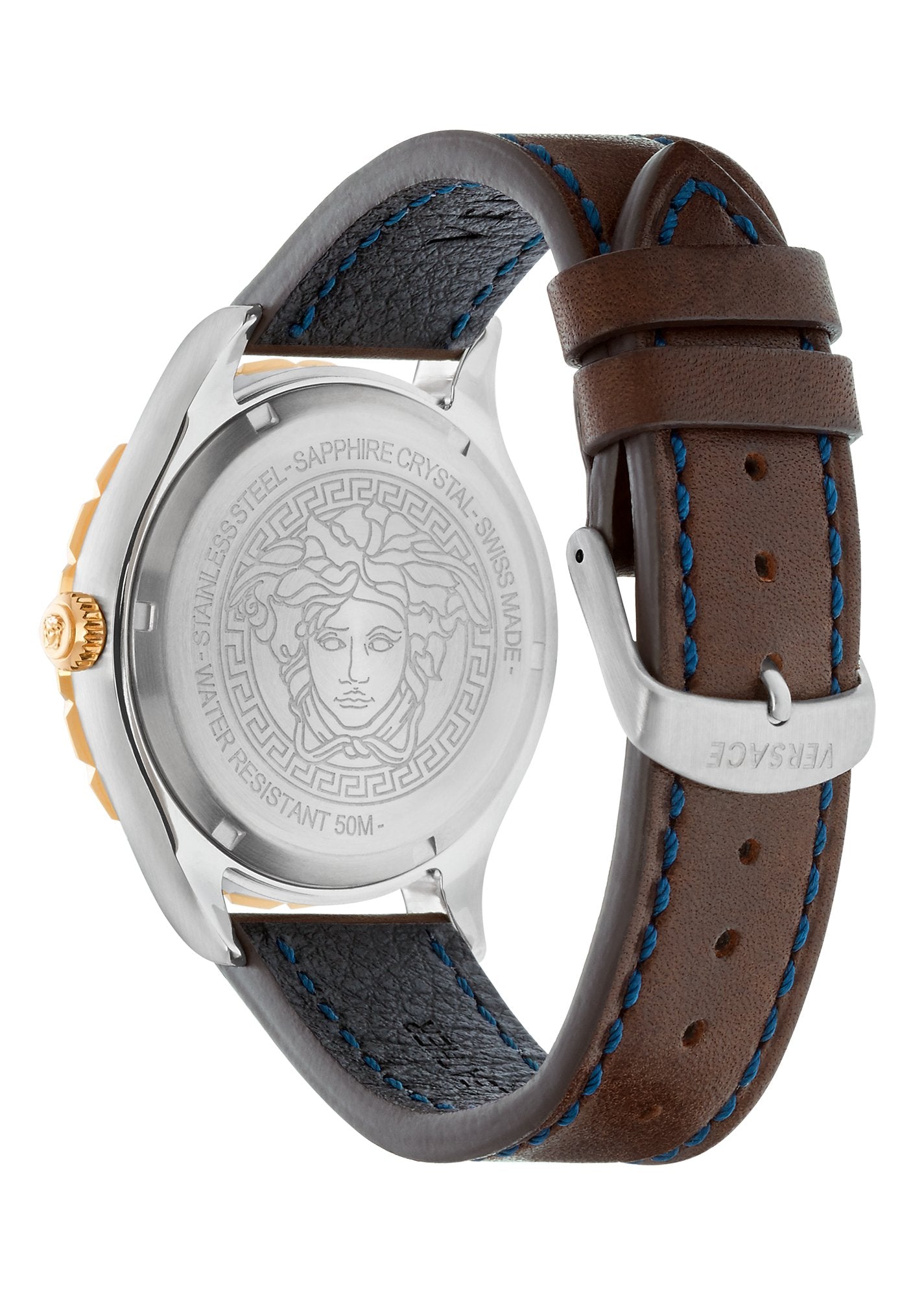 Versace Hellenyium GMT Herrenuhr Braun Leder Gold Silber Edelstahlgehäuse Blaues Zifferblatt 42mm V11080017