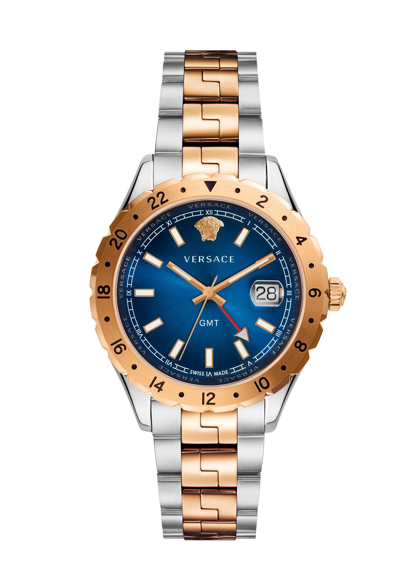 Versace Hellenyium GMT Herrenuhr Gold Silber Gehäuse Blaues Zifferblatt 42mm V11060017