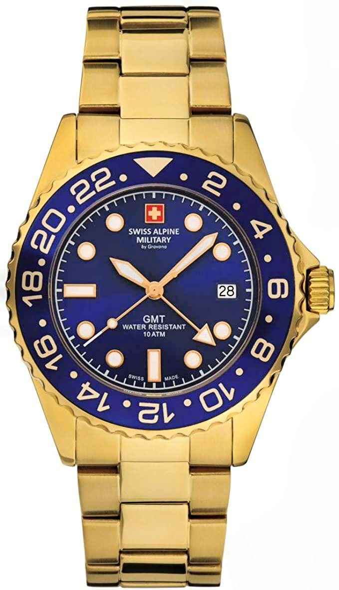 Swiss Alpine Military Herren Uhr GMT Analog Quarz 7052 Edelstahl 10 ATM 7052.1115