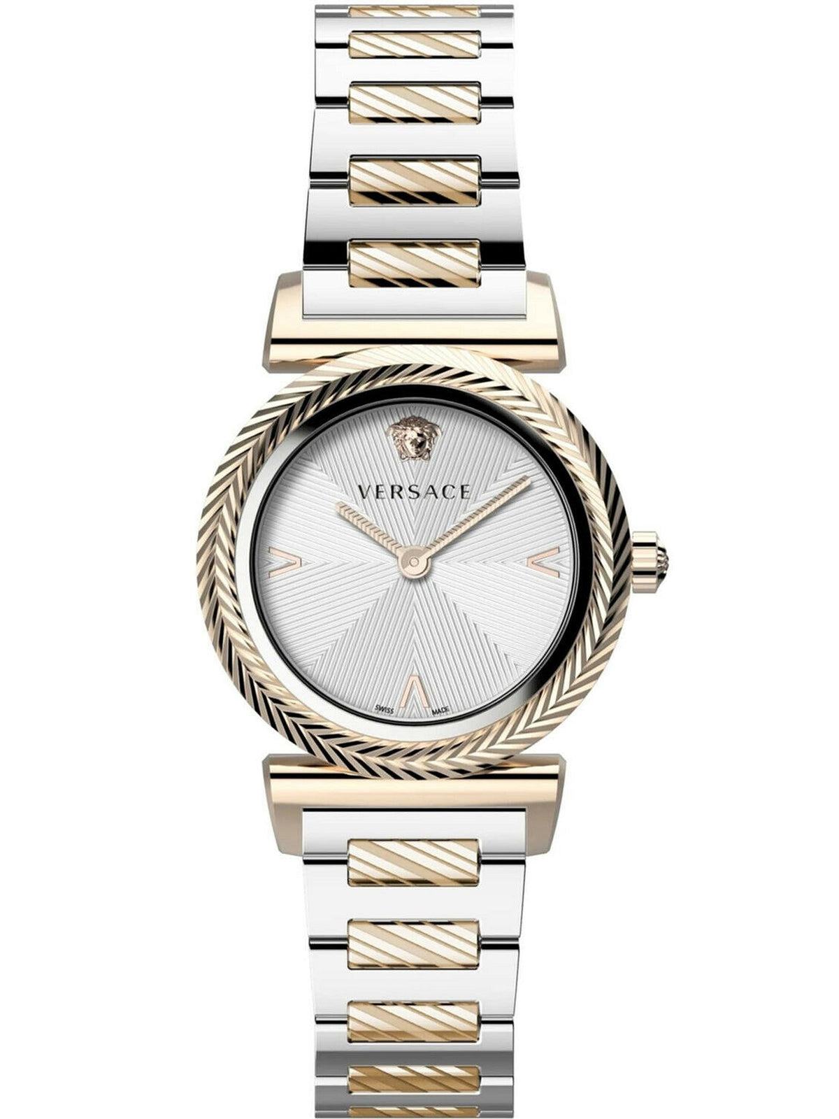Versace Damen Armbanduhr  V-Motif 38 mm V-Muster auf Gehäuse und Zifferblatt Armband Edelstahl VERE02420